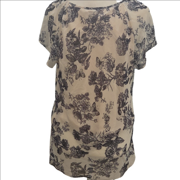 Floral Chiffon Bohemian Careerwear Flowy Lightweight Blouse - Cream Black XL - Picture 4 of 7